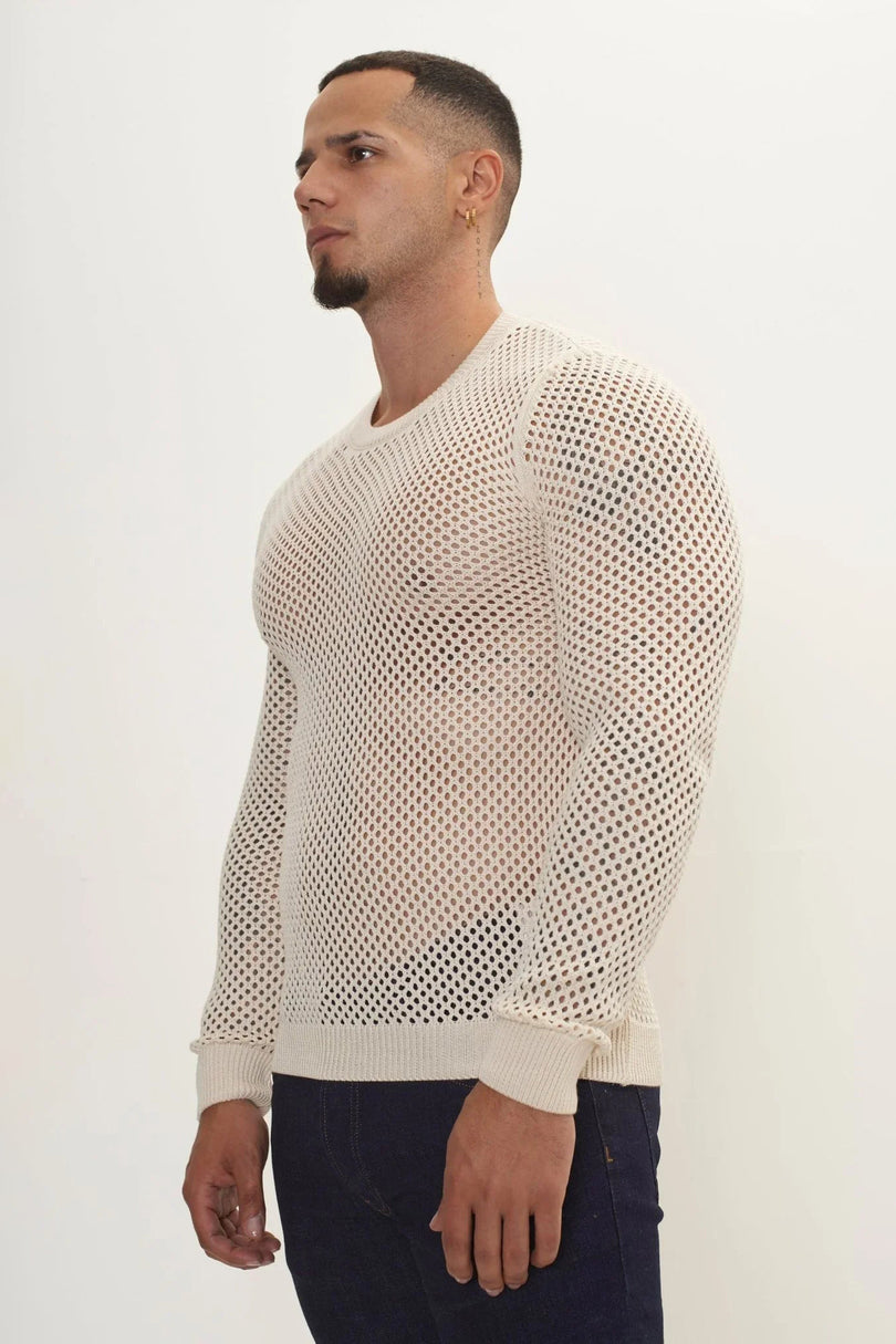 Men's Fishnet Muscle-Fit Top - Beige | Ron Tomson