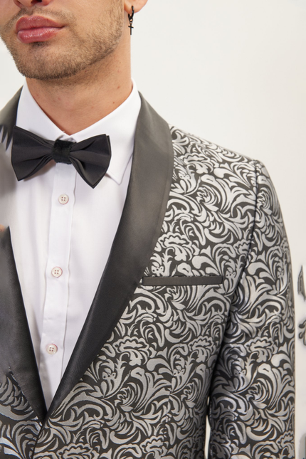 Men's Shawl Lapel Metalic Paisley Tuxedo Jacket -  Silver Black | Ron Tomson