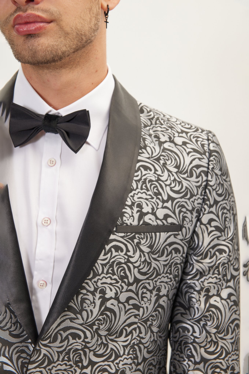 Men's Shawl Lapel Metalic Paisley Tuxedo Jacket -  Silver Black | Ron Tomson