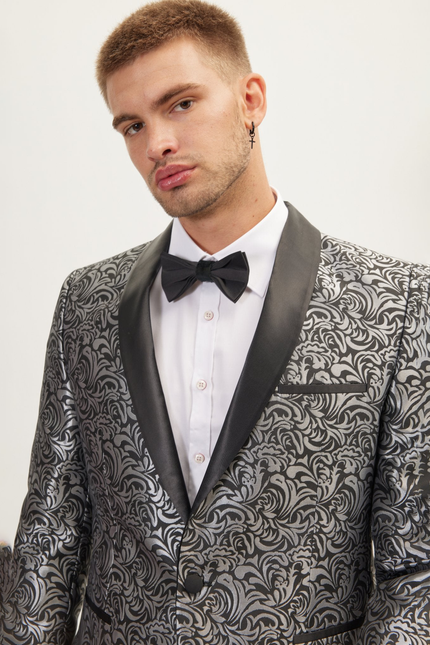Men's Shawl Lapel Metalic Paisley Tuxedo Jacket -  Silver Black | Ron Tomson