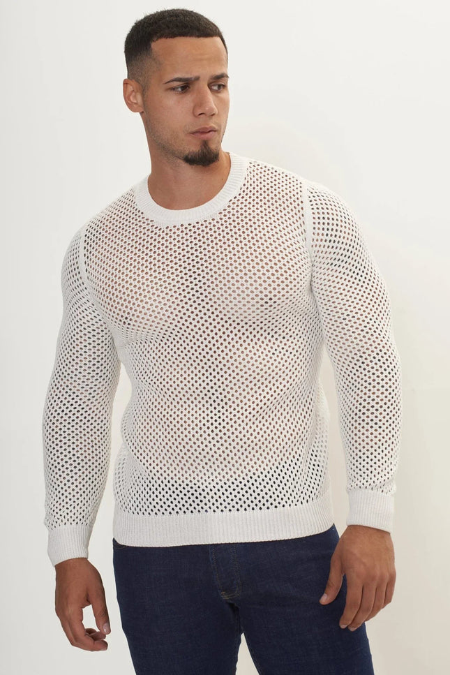 Fishnet Crew-Neck Top - Off-White
