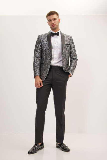 Men's Shawl Lapel Metalic Paisley Tuxedo Jacket -  Silver Black | Ron Tomson
