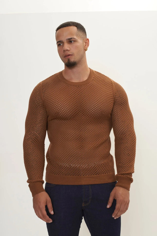 Men's Fishnet Muscle Fit Mesh Top - Light Brown | Ron Tomson