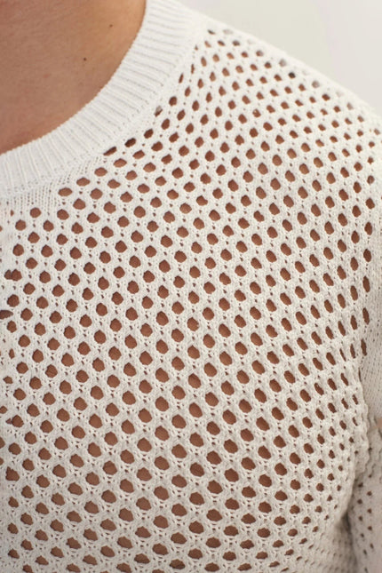 Men's Fishnet Crew-Neck Top - Off-White | Ron Tomson
