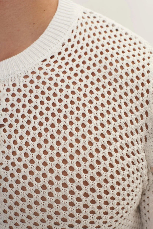 Fishnet Crew-Neck Top - Off-White