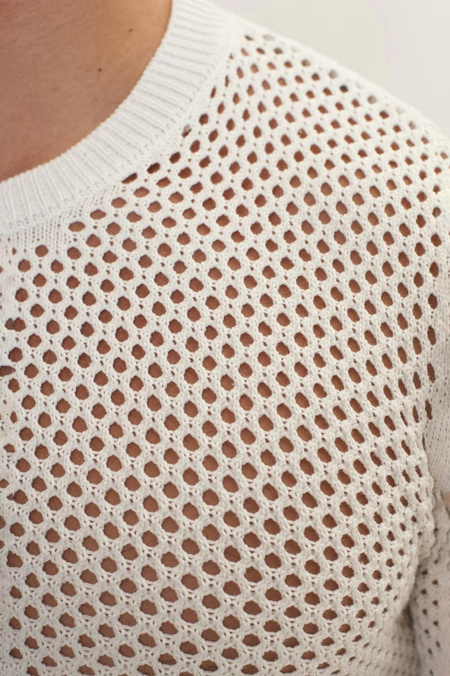 Men's Fishnet Crew-Neck Top - Off-White | Ron Tomson