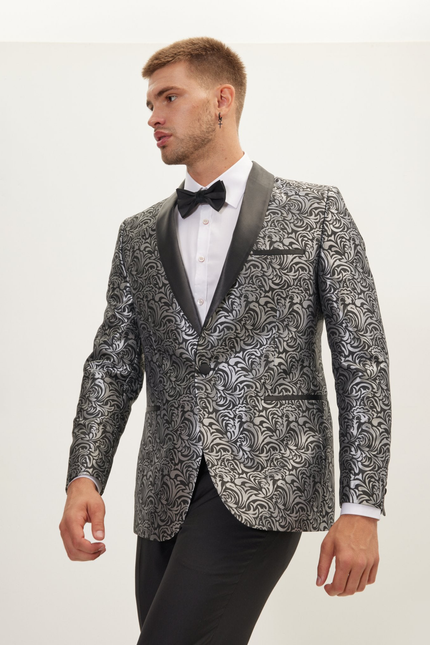 Men's Shawl Lapel Metalic Paisley Tuxedo Jacket -  Silver Black | Ron Tomson