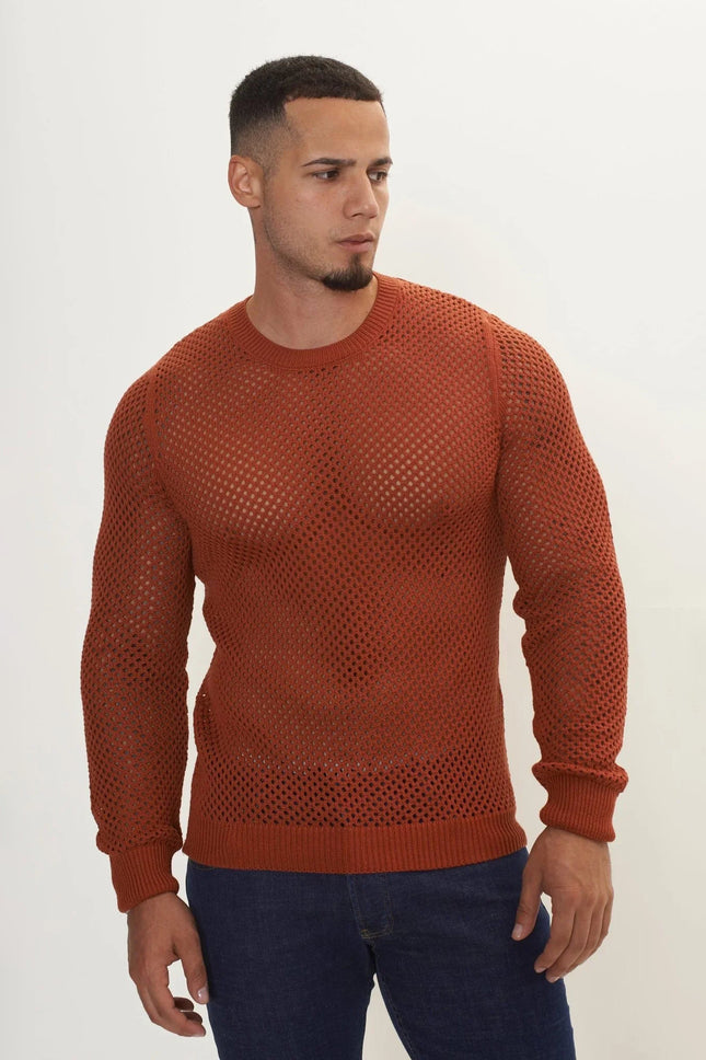 Men's Fishnet Crew-Neck Top - Tile | Ron Tomson