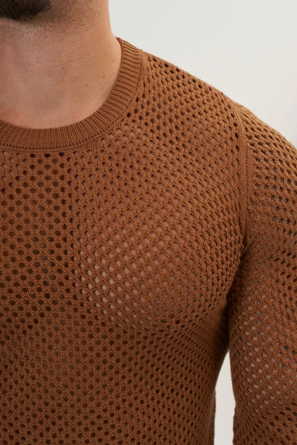 Men's Fishnet Muscle Fit Mesh Top - Light Brown | Ron Tomson