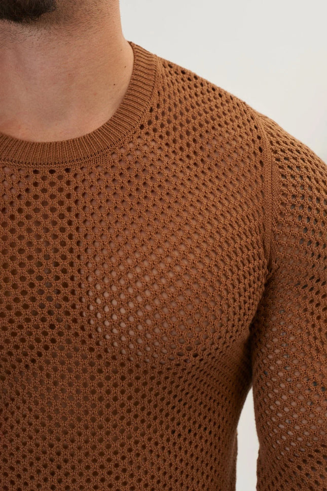 Men's Fishnet Muscle Fit Mesh Top - Light Brown | Ron Tomson