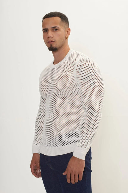 Men's Fishnet Crew-Neck Top - Off-White | Ron Tomson