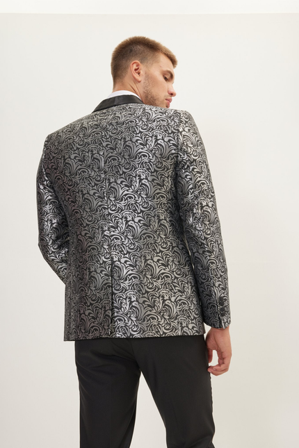 Men's Shawl Lapel Metalic Paisley Tuxedo Jacket -  Silver Black | Ron Tomson