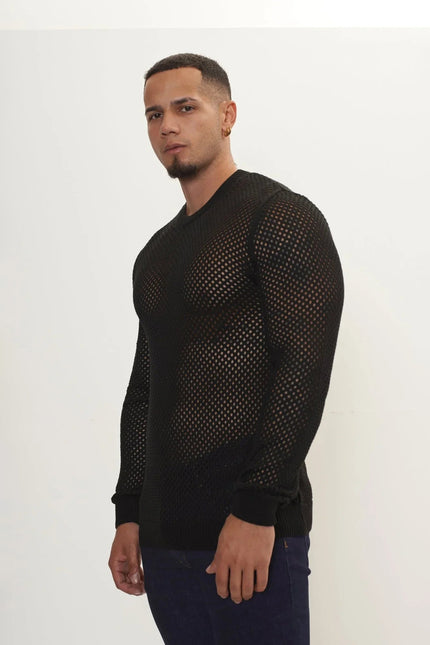 Men's Fishnet Muscle Fit Top - Black | Ron Tomson