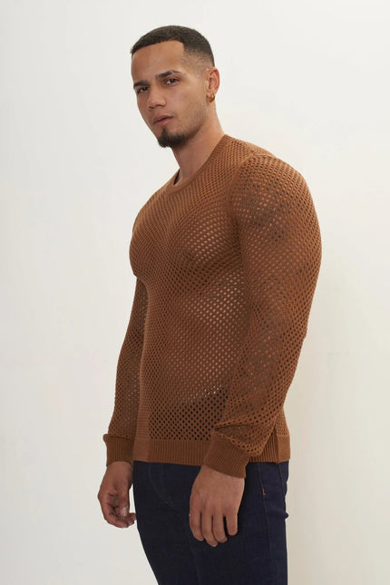 Men's Fishnet Muscle Fit Mesh Top - Light Brown | Ron Tomson