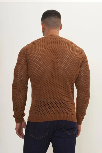Men's Fishnet Muscle Fit Mesh Top - Light Brown | Ron Tomson