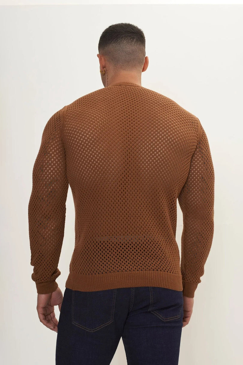 Men's Fishnet Muscle Fit Mesh Top - Light Brown | Ron Tomson