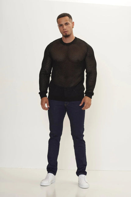 Men's Fishnet Muscle Fit Top - Black | Ron Tomson