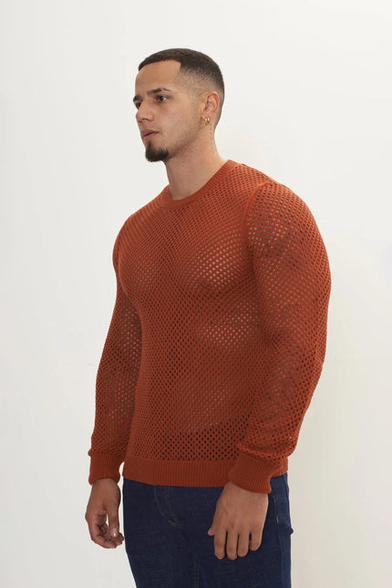 Men's Fishnet Crew-Neck Top - Tile | Ron Tomson