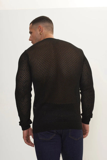Men's Fishnet Muscle Fit Top - Black | Ron Tomson