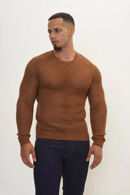 Men's Fishnet Muscle Fit Mesh Top - Light Brown | Ron Tomson