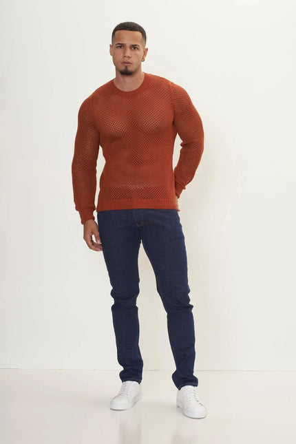 Men's Fishnet Crew-Neck Top - Tile | Ron Tomson