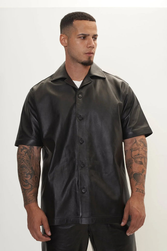 Men's Short-Sleeve Lambskin Leather Shirt - Black | Ron Tomson