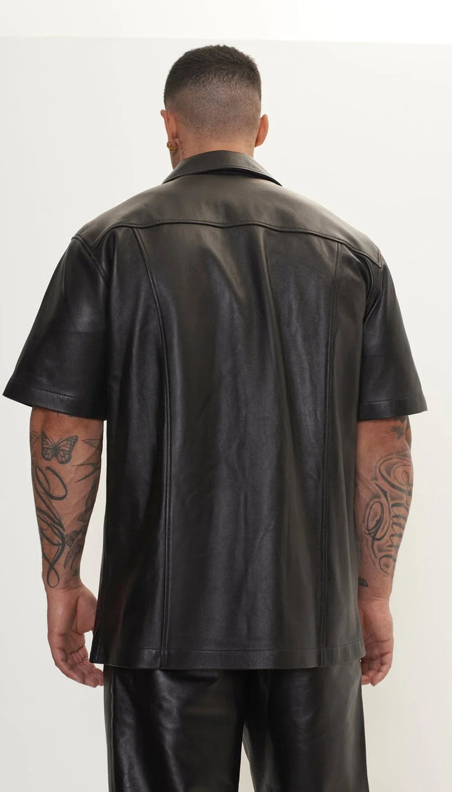 Short-Sleeve Lambskin Leather Shirt - Black