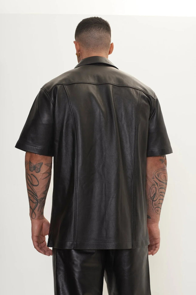 Men's Short-Sleeve Lambskin Leather Shirt - Black | Ron Tomson