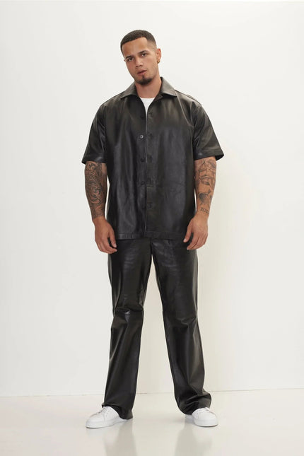 Men's Short-Sleeve Lambskin Leather Shirt - Black | Ron Tomson
