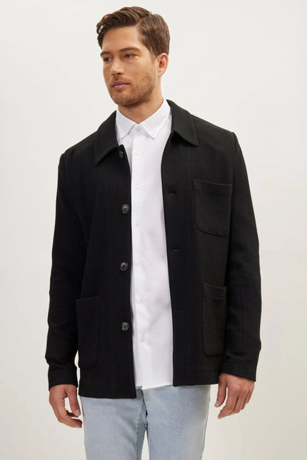 Men's Tailored Patch-Pocket Shacket - Black | Ron Tomson