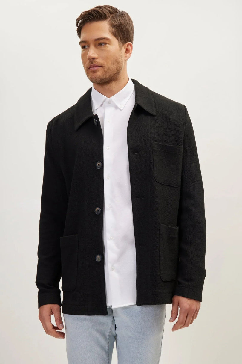 Men's Tailored Patch-Pocket Shacket - Black | Ron Tomson