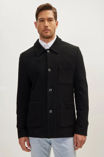 Men's Tailored Patch-Pocket Shacket - Black | Ron Tomson