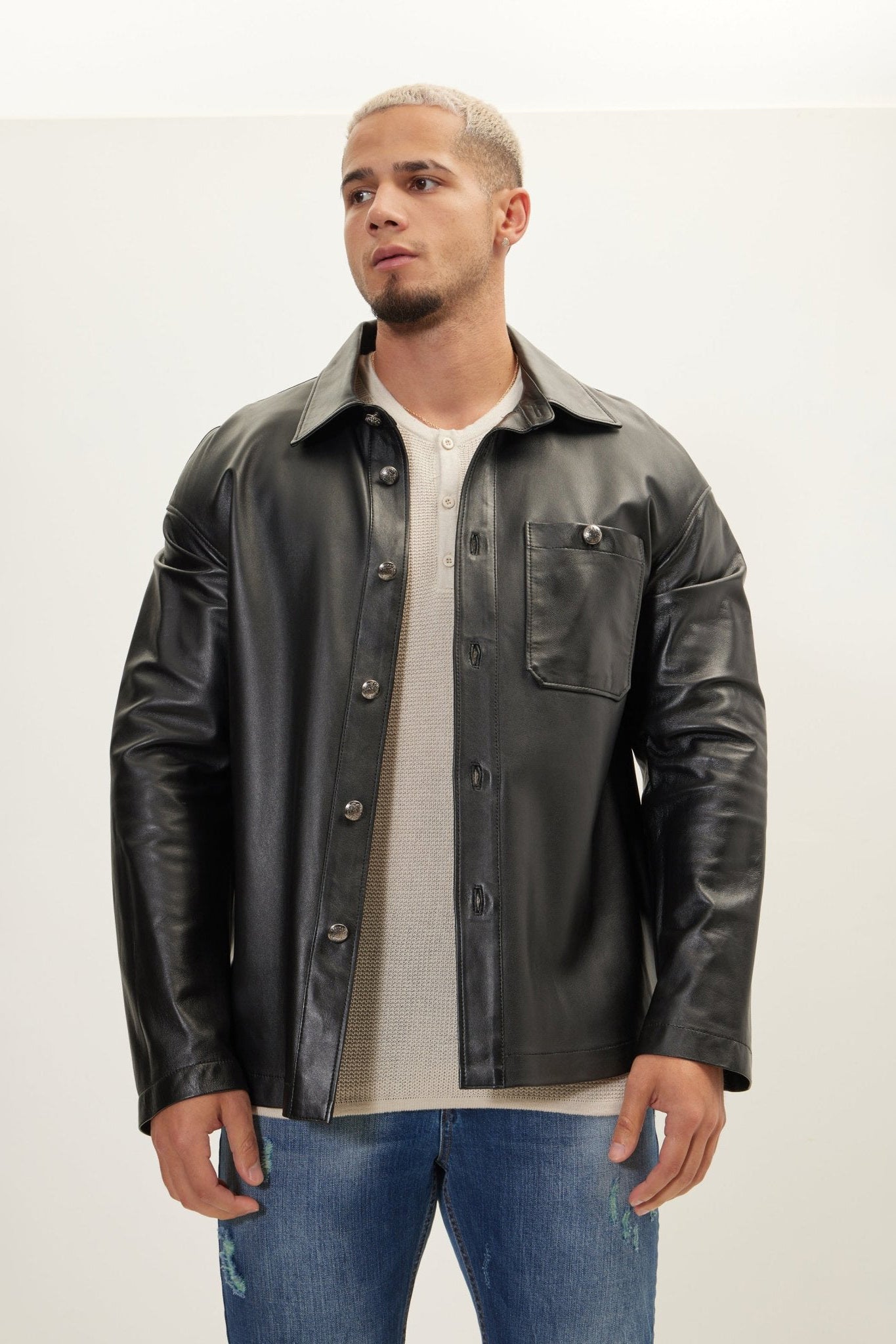 Men's Silver Button Leather Shirt Jacket - Black | Ron Tomson