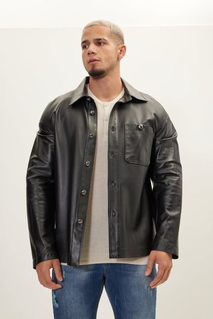 Men's Silver Button Leather Shirt Jacket - Black | Ron Tomson