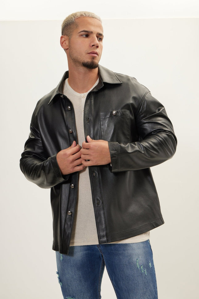 Men's Silver Button Leather Shirt Jacket - Black | Ron Tomson