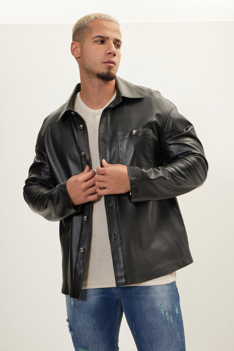 Men's Silver Button Leather Shirt Jacket - Black | Ron Tomson