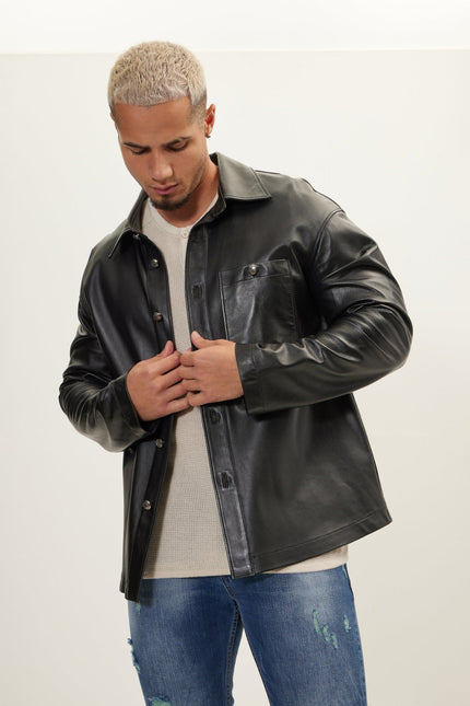 Men's Silver Button Leather Shirt Jacket - Black | Ron Tomson