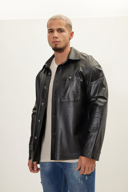 Men's Silver Button Leather Shirt Jacket - Black | Ron Tomson