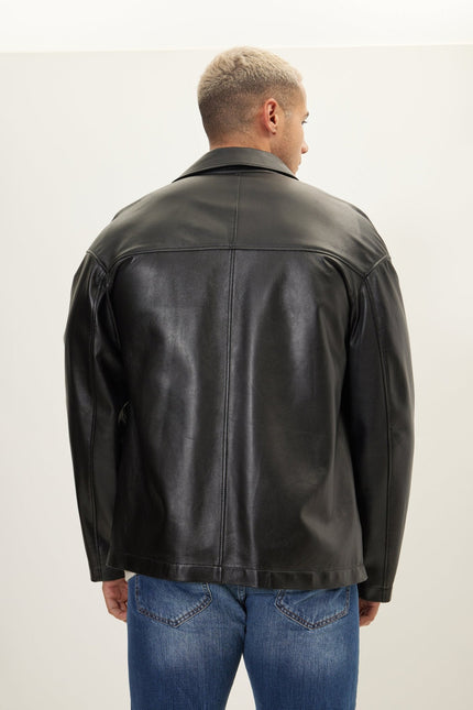 Men's Silver Button Leather Shirt Jacket - Black | Ron Tomson