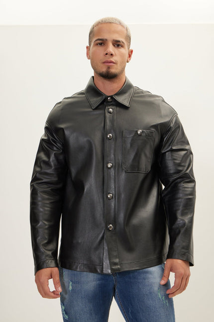 Men's Silver Button Leather Shirt Jacket - Black | Ron Tomson