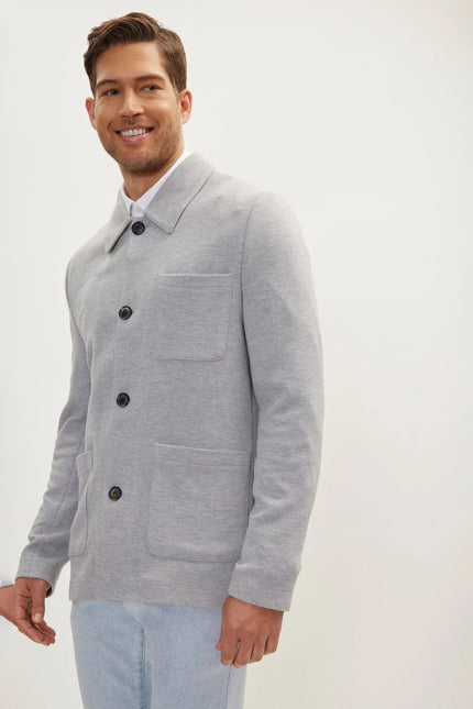 Men's Sleek Full Button Shacket - Grey | Ron Tomson