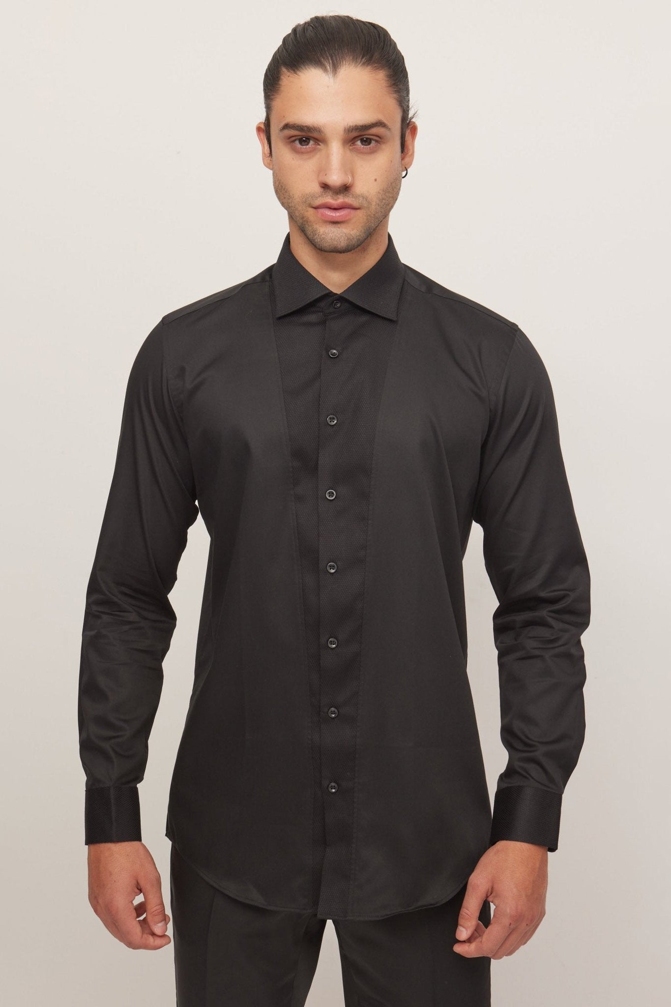 Men's Slim Fit Pique Front Tuxedo Shirt - Black