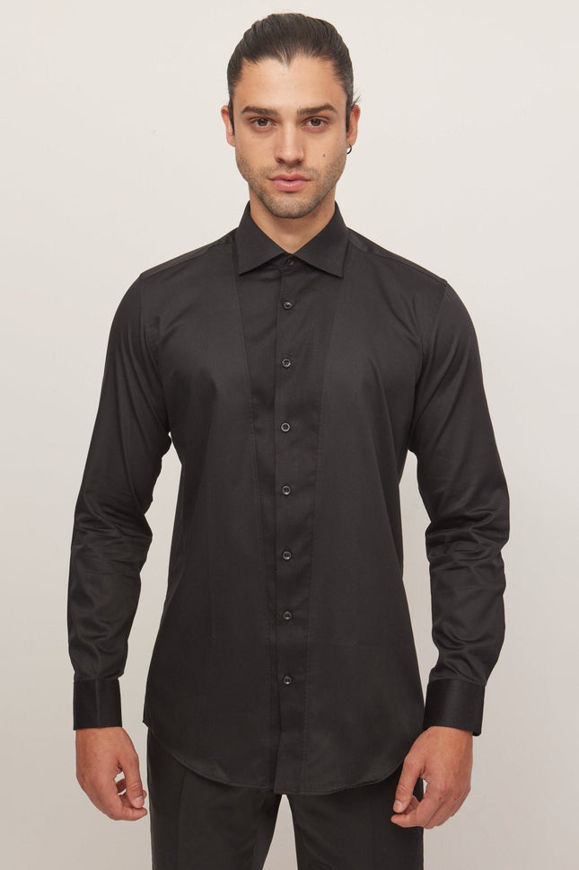 Men's Slim Fit Pique Front Tuxedo Shirt - Black | Ron Tomson