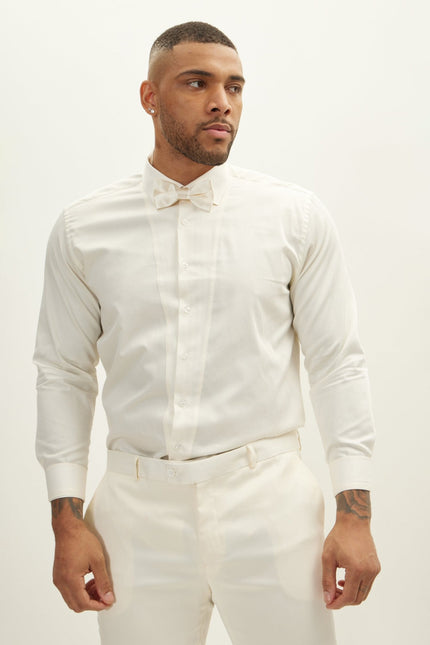 Men's Slim Fit Pique Front Tuxedo Shirt - Beige | Ron Tomson