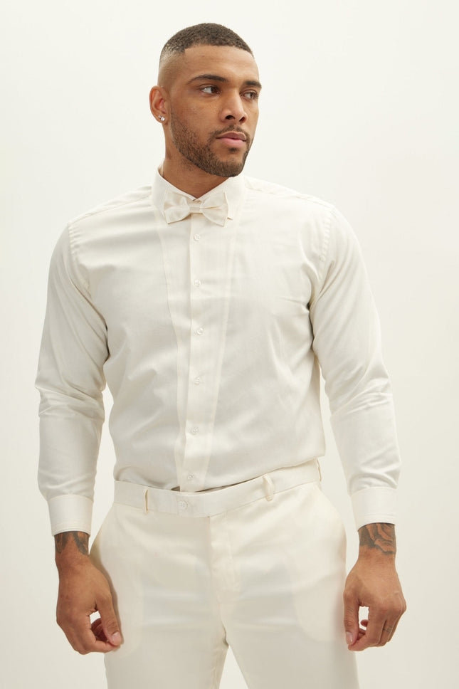 Men's Slim Fit Pique Front Tuxedo Shirt - Beige | Ron Tomson