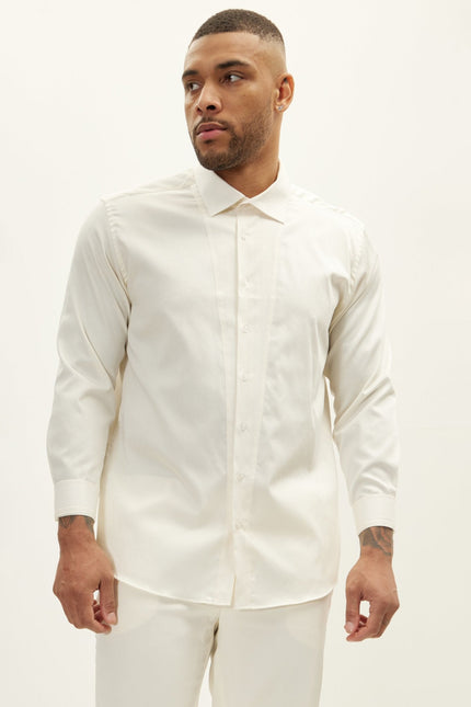 Men's Slim Fit Pique Front Tuxedo Shirt - Beige | Ron Tomson