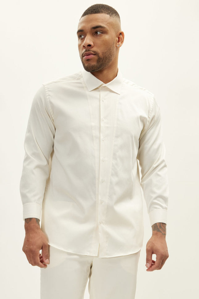 Men's Slim Fit Pique Front Tuxedo Shirt - Beige | Ron Tomson