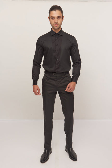Men's Slim Fit Pique Front Tuxedo Shirt - Black | Ron Tomson