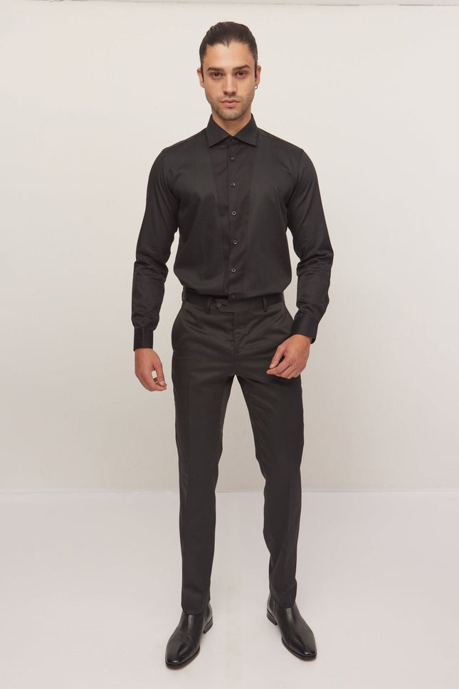 Men's Slim Fit Pique Front Tuxedo Shirt - Black | Ron Tomson