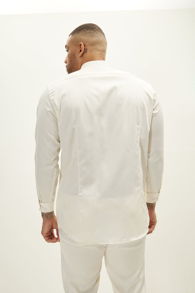 Men's Slim Fit Pique Front Tuxedo Shirt - Beige | Ron Tomson
